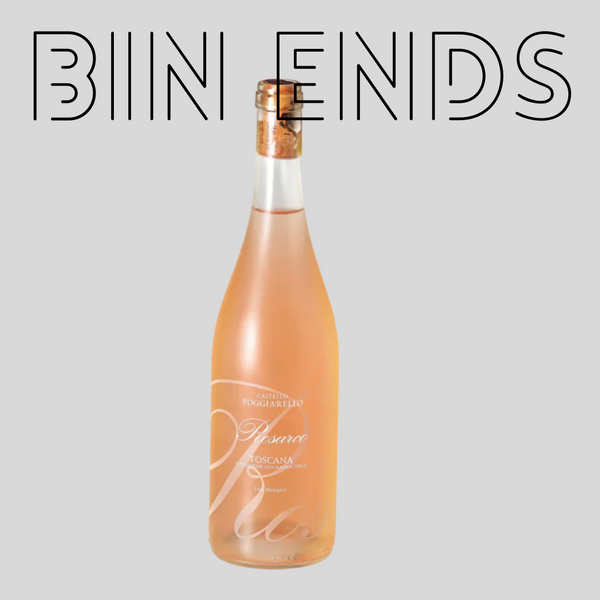 Bottle of Rosé wine with cork on a light gray background, featuring the brand 'Bin Ends'. Italian Organic