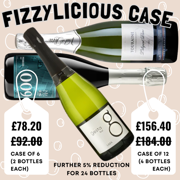 Promotional graphic for 'Fizzylicious Case' with wine bottles and pricing information.