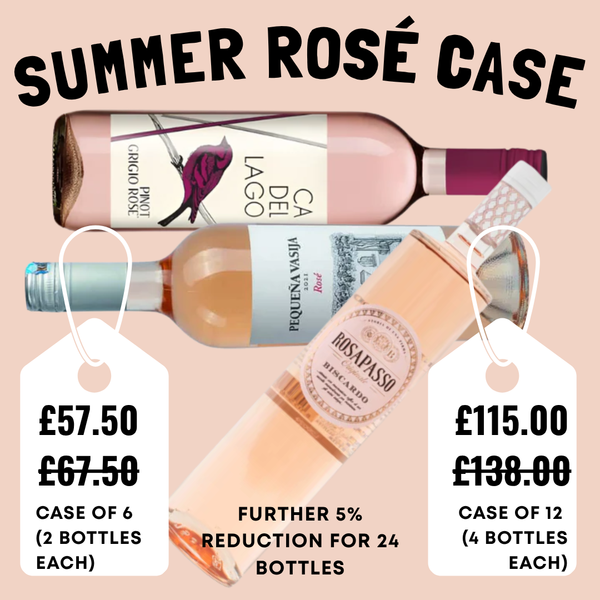 Three bottles of rosé wine with price tags and promotional text on a beige background