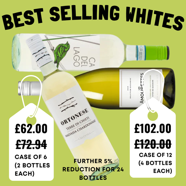 Three bottles of white wine with price tags on a green background, labelled 'Best Selling Whites'.