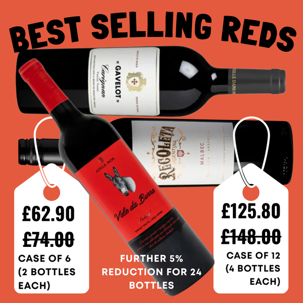 Wine bottles with price tags on an orange background, featuring the brand 'Gavelot', 'Vale da Burra' and Recoleta