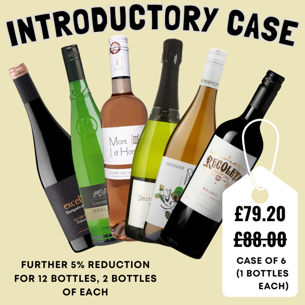 Promotional image of wine bottles with a price tag and text on a beige background