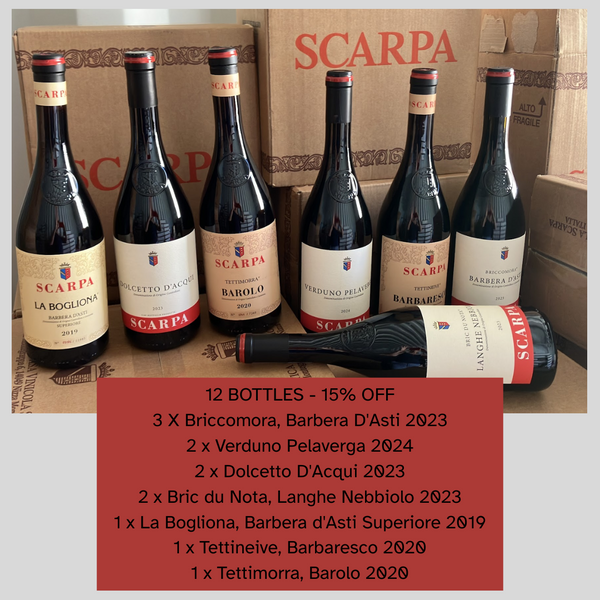 7 bottles of Scarpa wines and packaging
